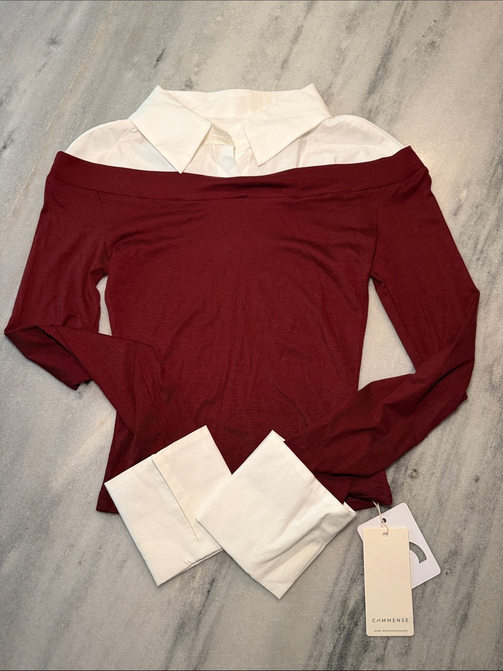 Commense Off-Shoulder Burgundy Sweater with Shirt Collar Detail
